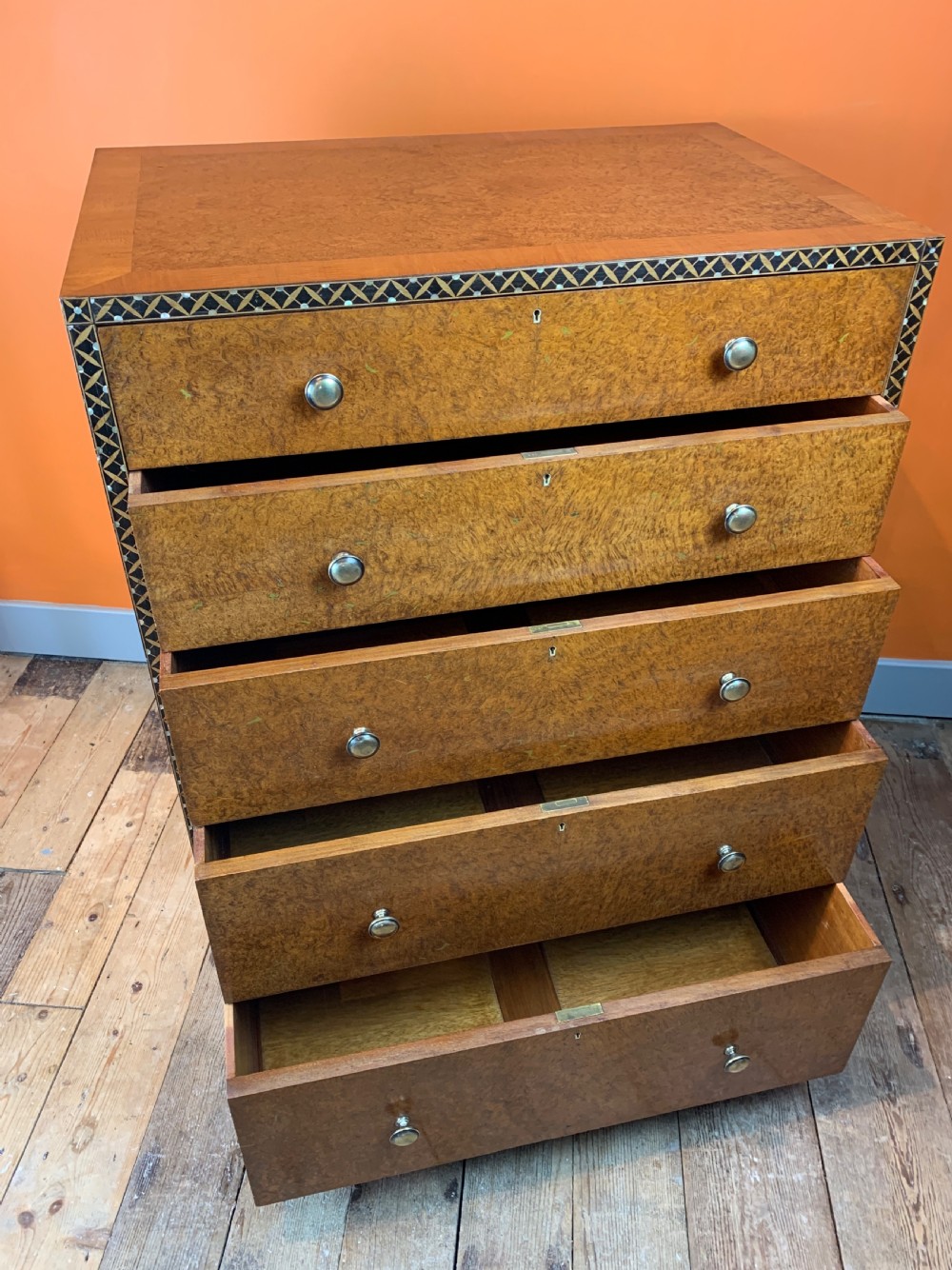 Bath Cabinet Makers inlaid burl amboyna chest of drawers View VII