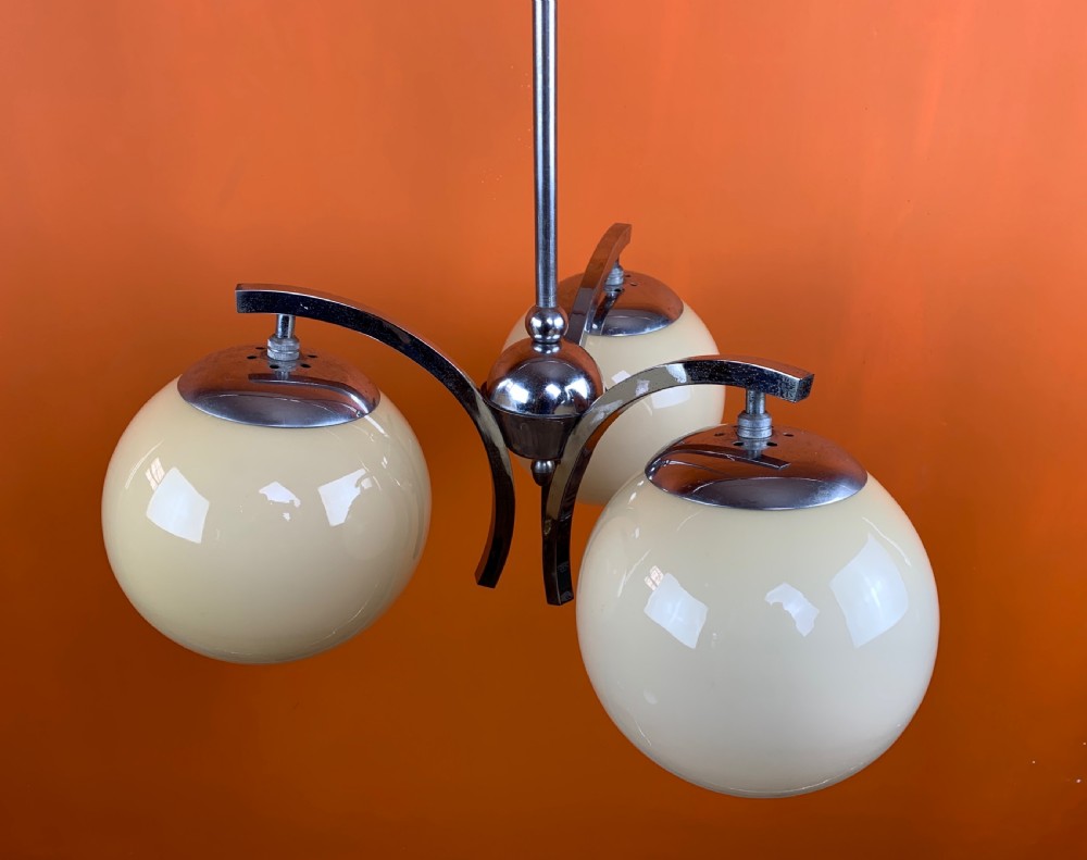 Art Deco chrome ceiling light with glass globe shades View II