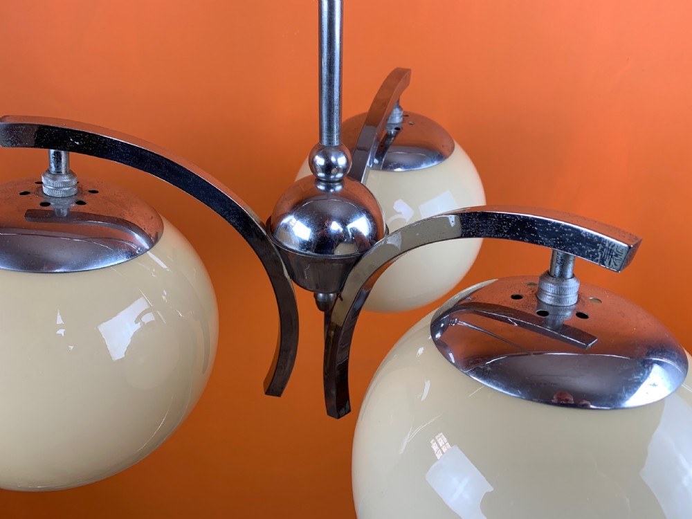 Art Deco chrome ceiling light with glass globe shades View III