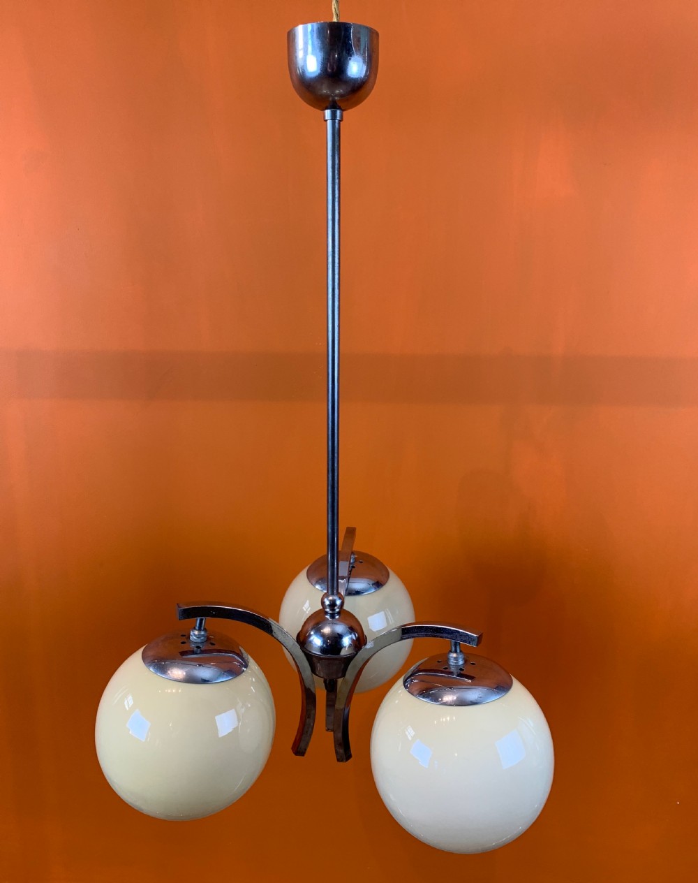 Art Deco chrome ceiling light with glass globe shades View VII