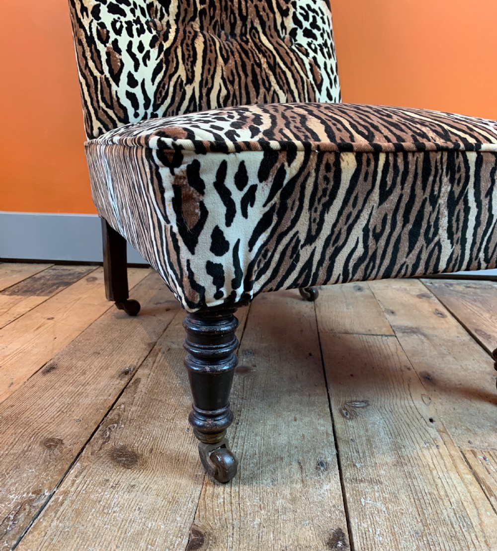 Antique button back occasional chair re-upholstered in leopard print velvet View III