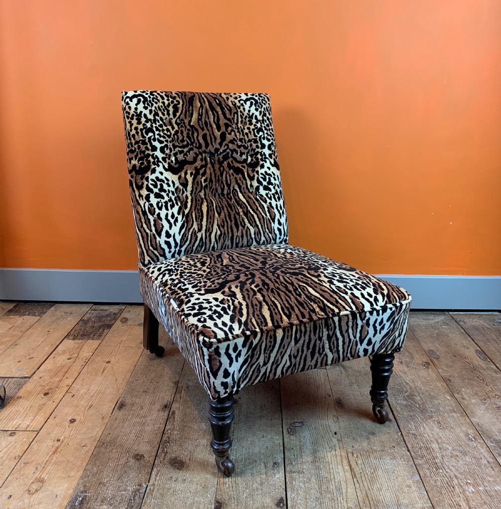 Antique button back occasional chair re-upholstered in leopard print velvet View IV