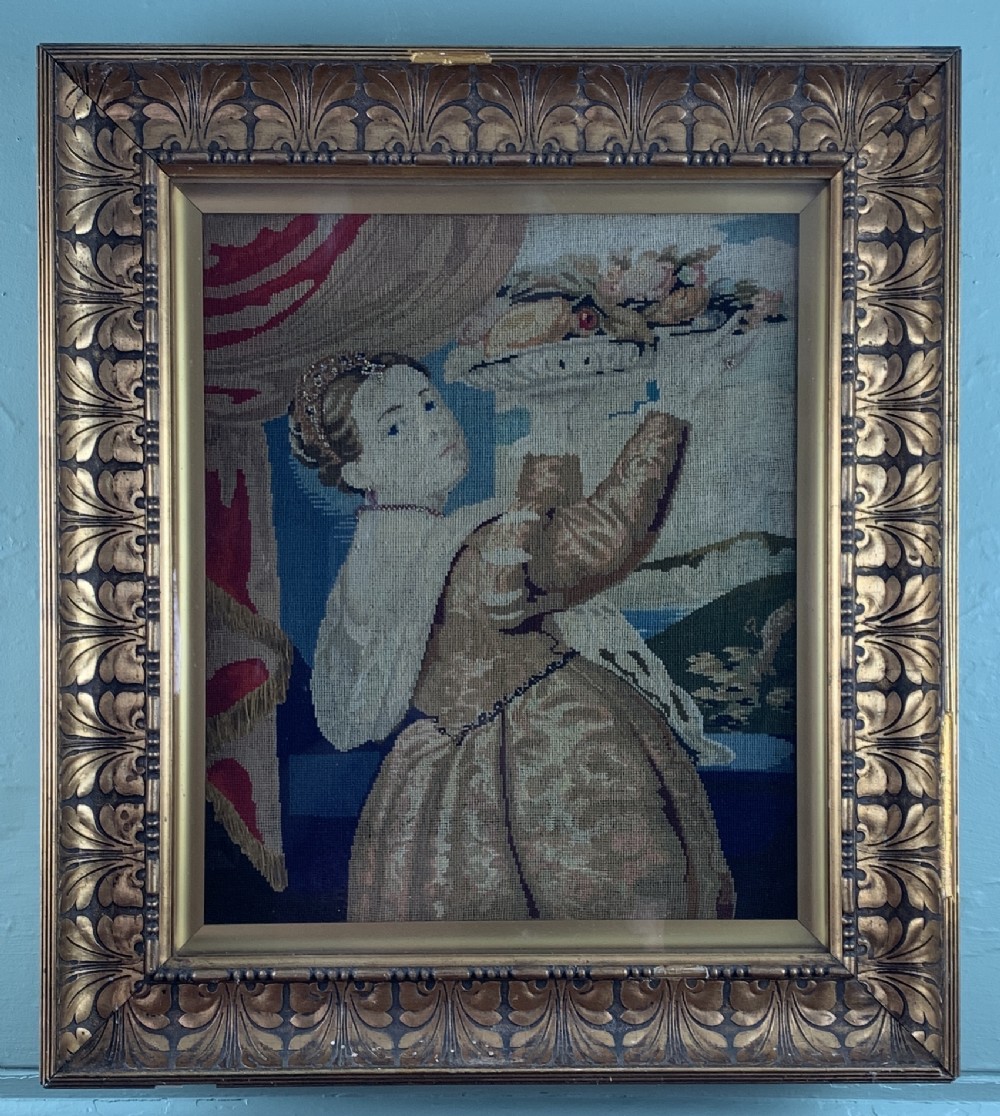 Berlin Woolwork tapestry picture after Titian's 'Lavinia', girl with a basket of fruits