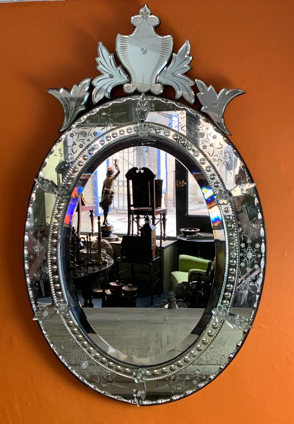 Antique Venetian Oval Mirror with etched and bevel glass plate View II