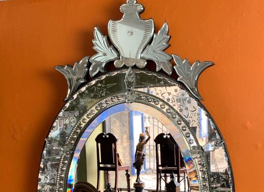 Antique Venetian Oval Mirror with etched and bevel glass plate View V