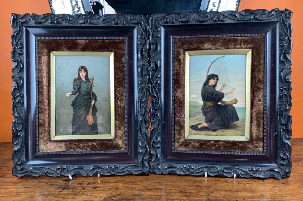 Pair of Berlin hand painted porcelain plaques of female musicians View II