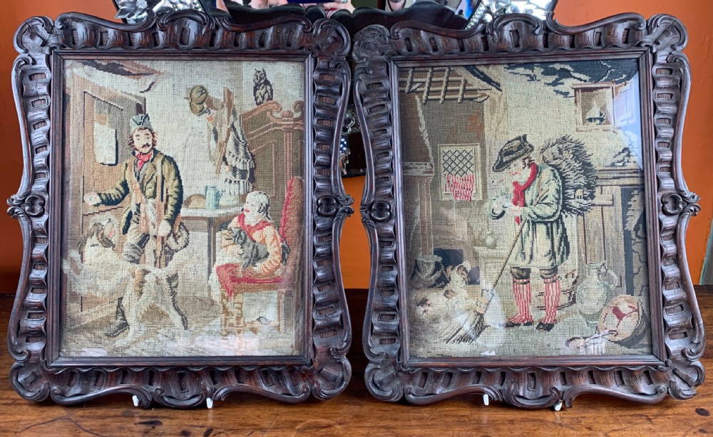 Pair of Victorian Berlin woolwork pictures of rustic scenes with dogs