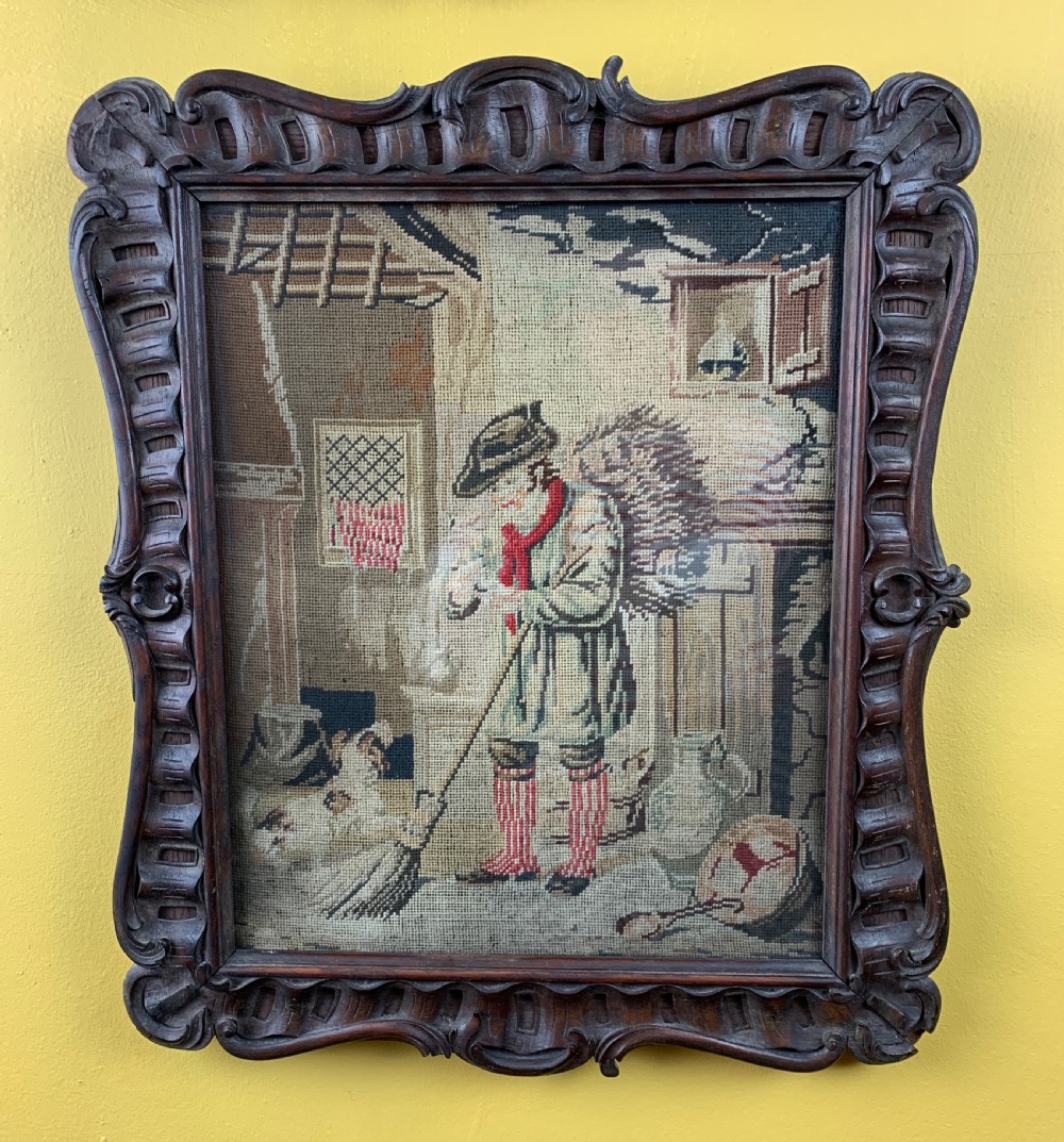 Pair of Victorian Berlin woolwork pictures of rustic scenes with dogs View V