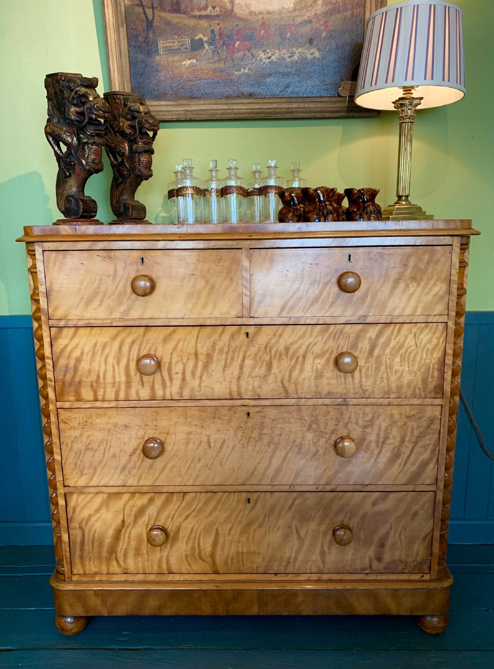 Victorian satin birch chest of drawers with barley twist columns