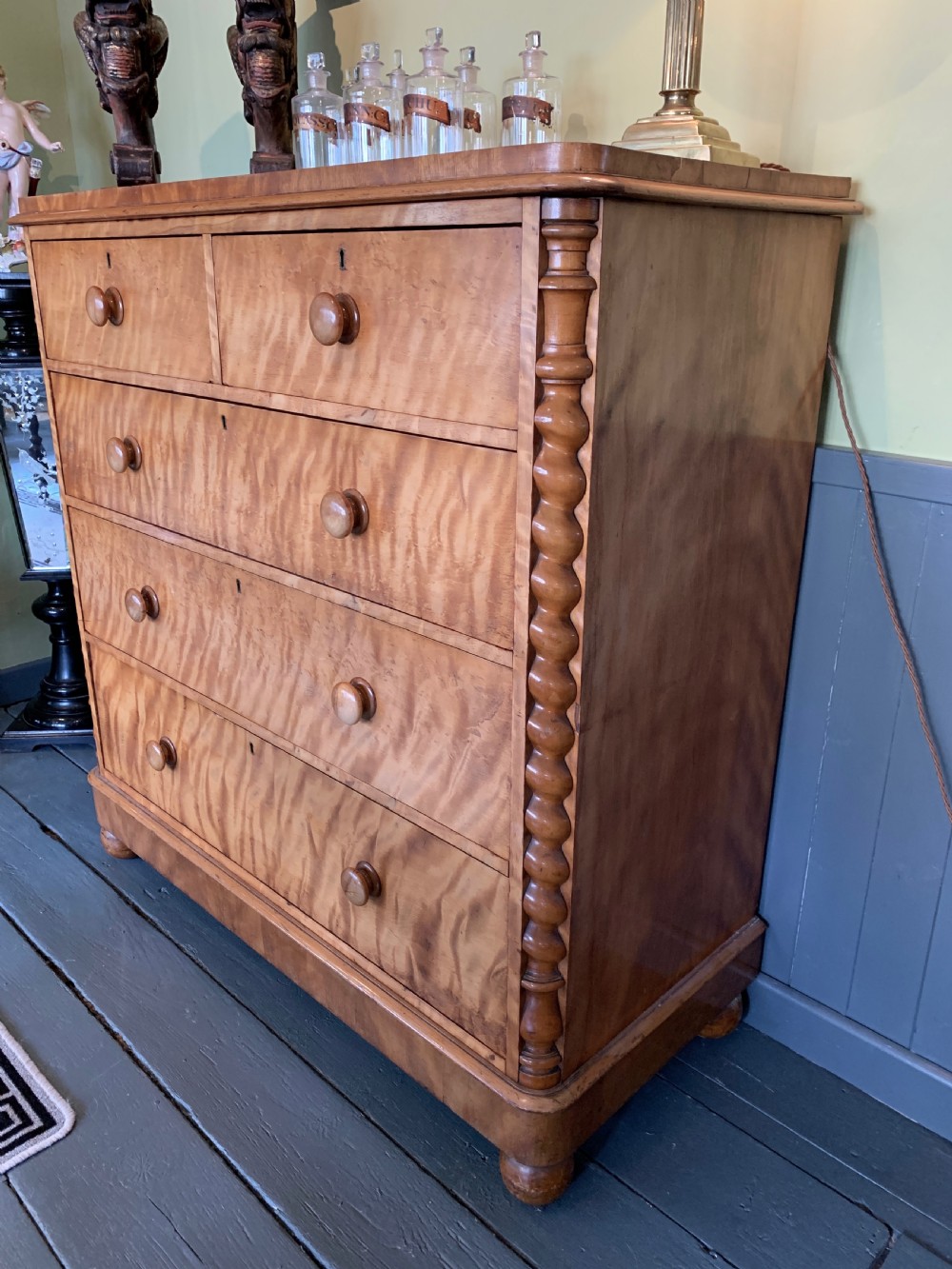 Victorian satin birch chest of drawers with barley twist columns View II