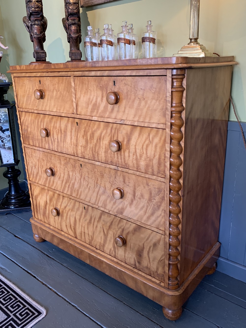 Victorian satin birch chest of drawers with barley twist columns View III