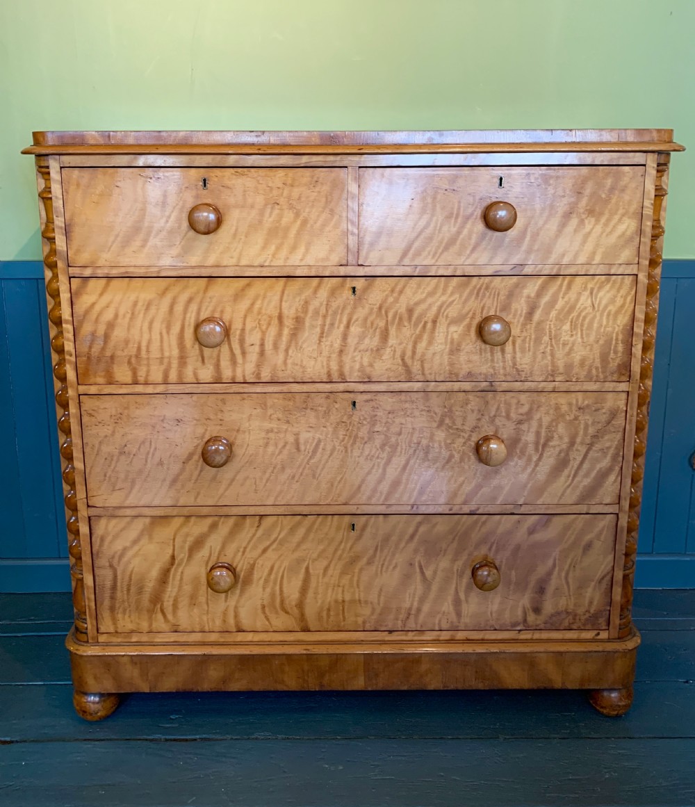 Victorian satin birch chest of drawers with barley twist columns View VII