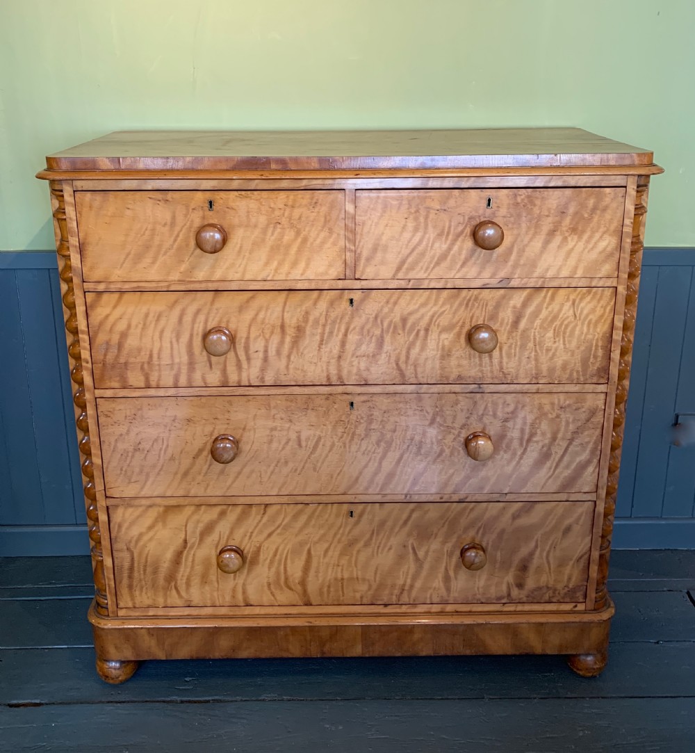 Victorian satin birch chest of drawers with barley twist columns View VIII