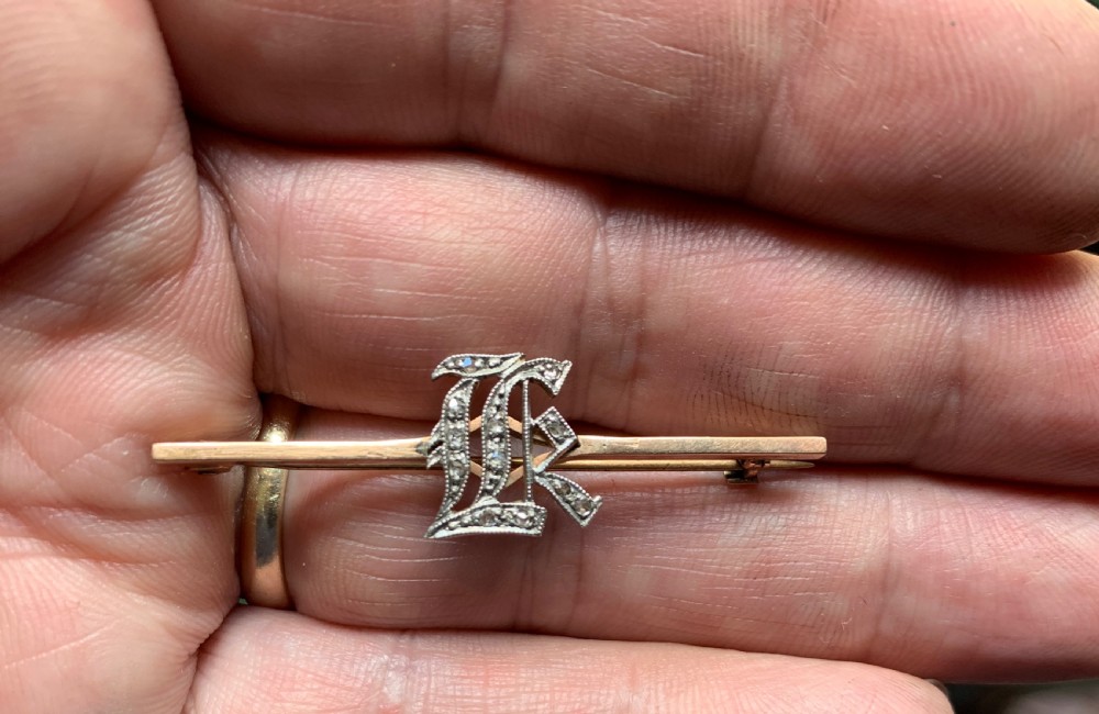 Edwardian diamond set bar brooch - initials LK View IV