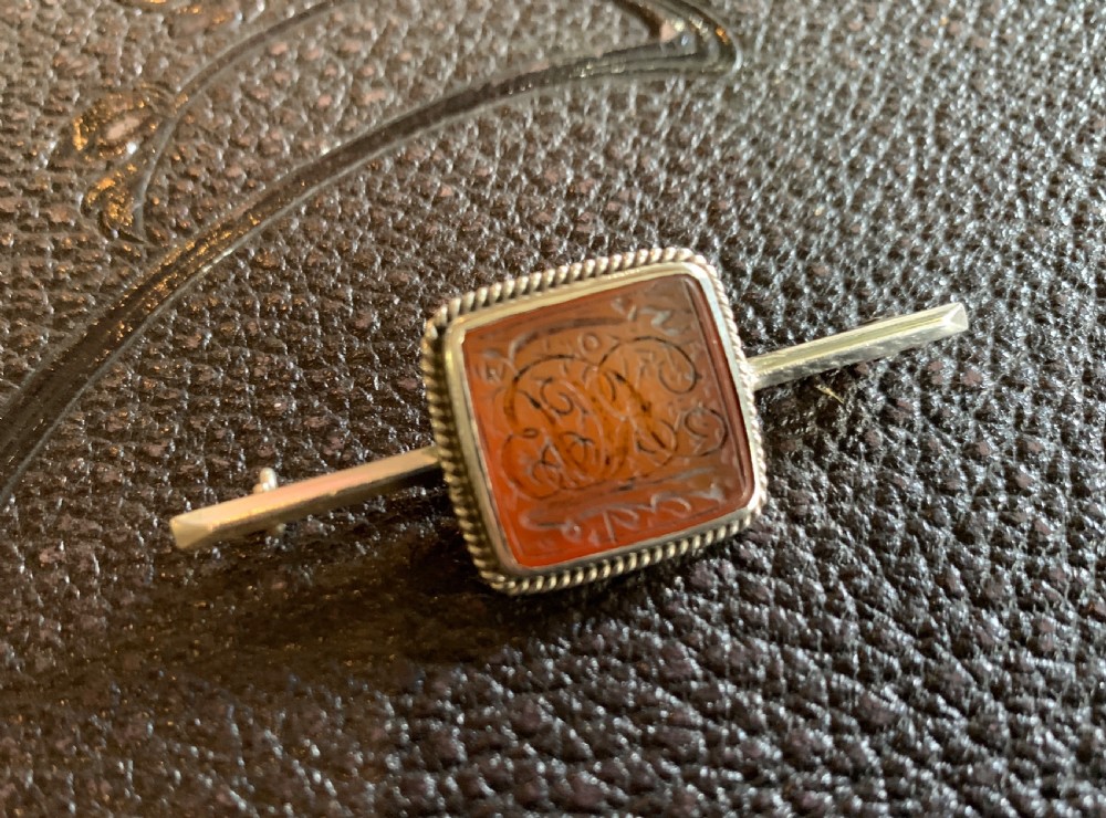 Antique Persian carnelian seal mounted as a bar brooch