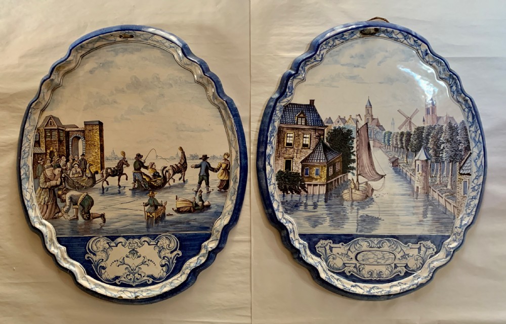 Large Pair of Royal Tichelaar Makkum polychrome wall plaques View X