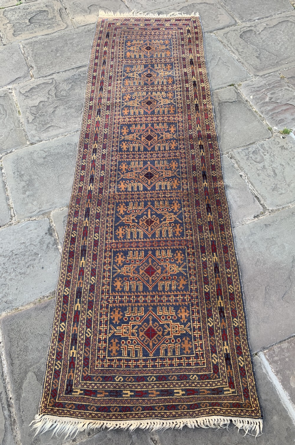Persian hand knotted blue ground medallion runner
