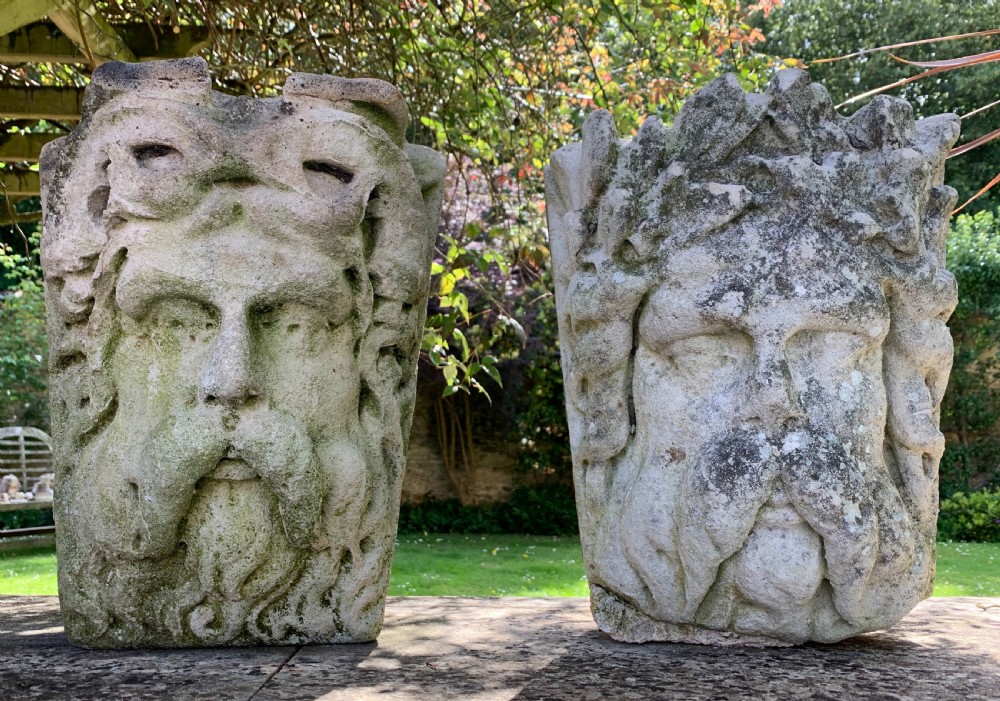 Pair of French carved stone Mascaron keystones 19th century