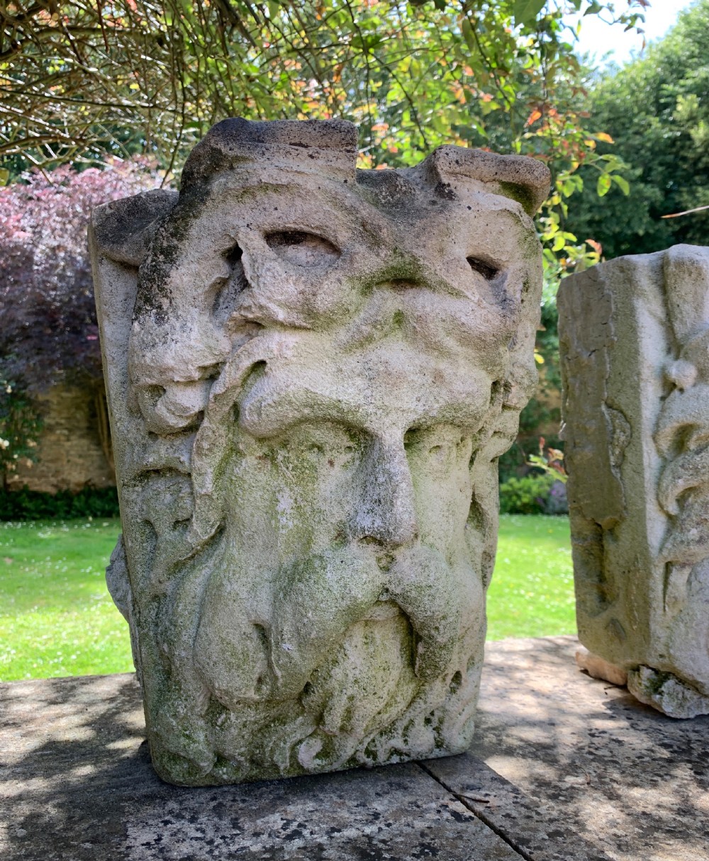 Pair of French carved stone Mascaron keystones 19th century View III