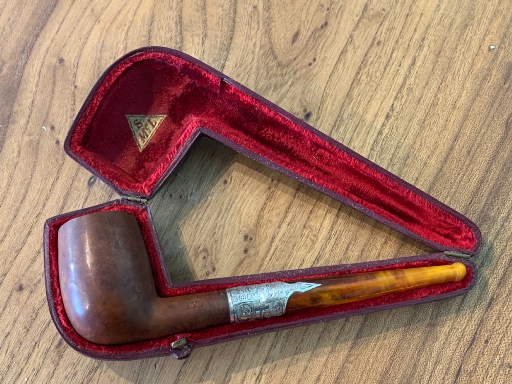 Silver mounted briar and amber pipe by Samuel Morden in original Morocco leather case
