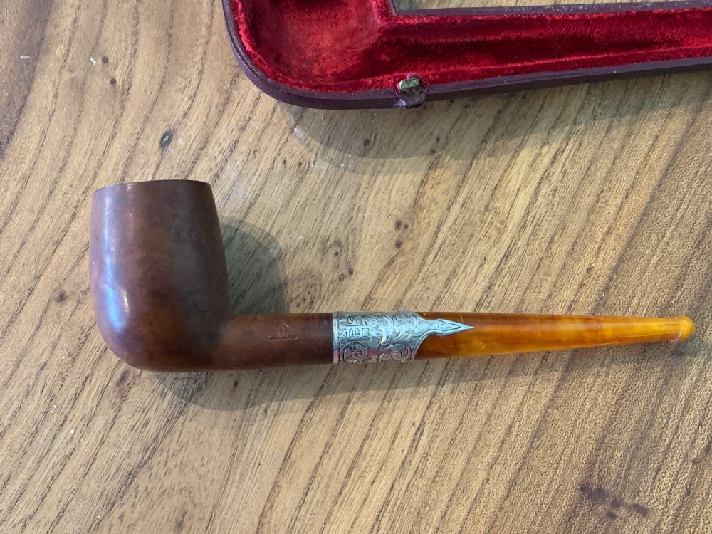 Silver mounted briar and amber pipe by Samuel Morden in original Morocco leather case View II