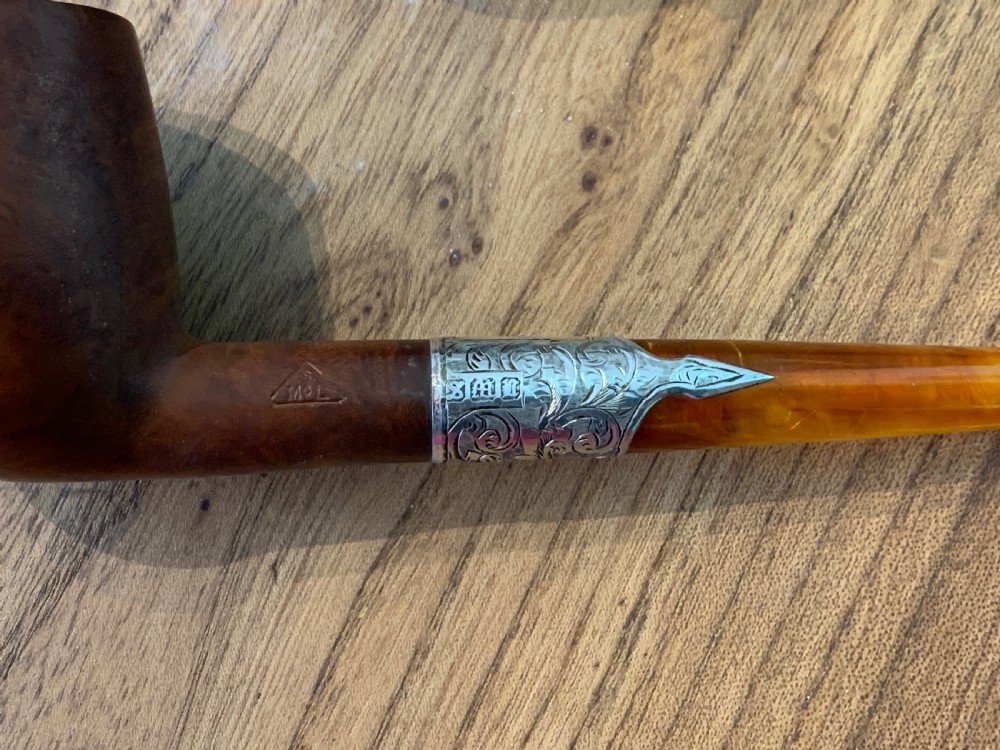 Silver mounted briar and amber pipe by Samuel Morden in original Morocco leather case View III