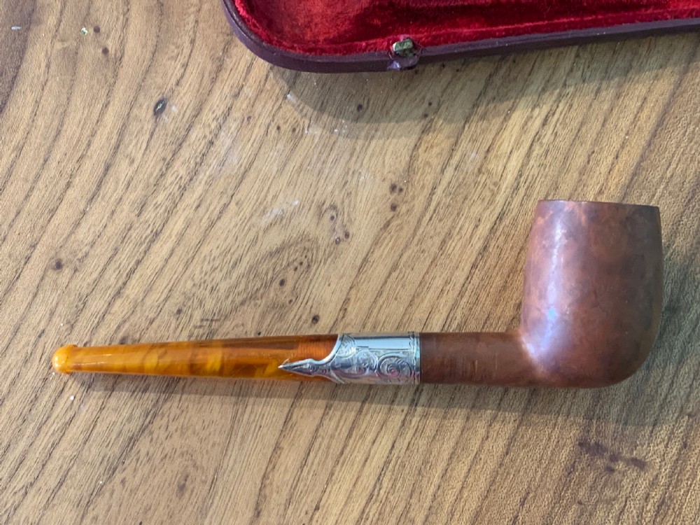 Silver mounted briar and amber pipe by Samuel Morden in original Morocco leather case View IV