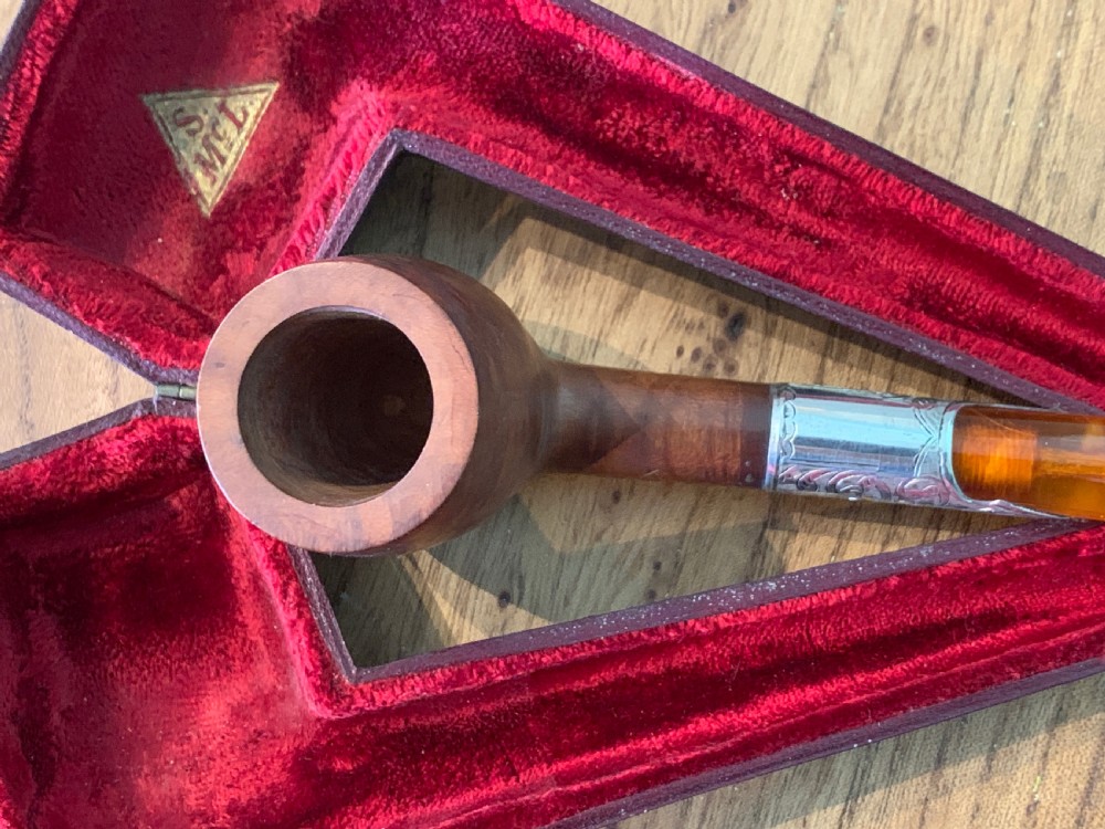 Silver mounted briar and amber pipe by Samuel Morden in original Morocco leather case View VI