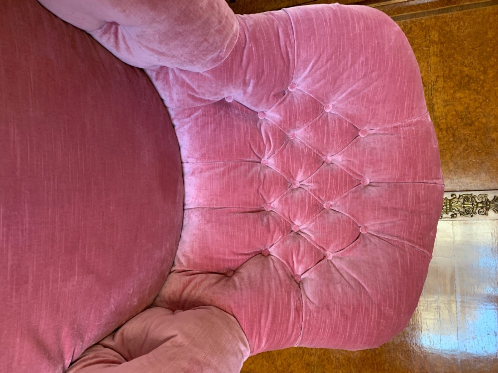 Victorian iron frame button back armchair recently upholstered in pink velvet  View III