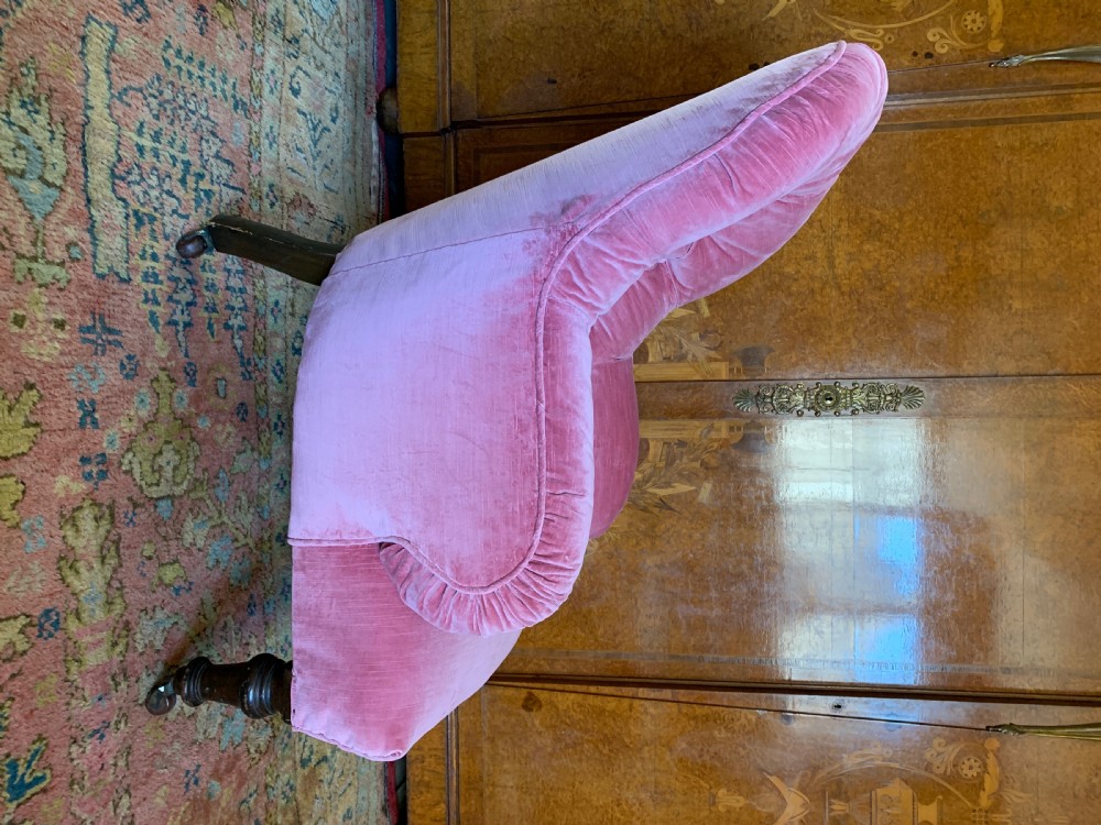 Victorian iron frame button back armchair recently upholstered in pink velvet  View V