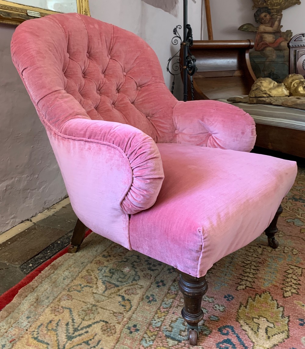 Victorian iron frame button back armchair recently upholstered in pink velvet  View VI