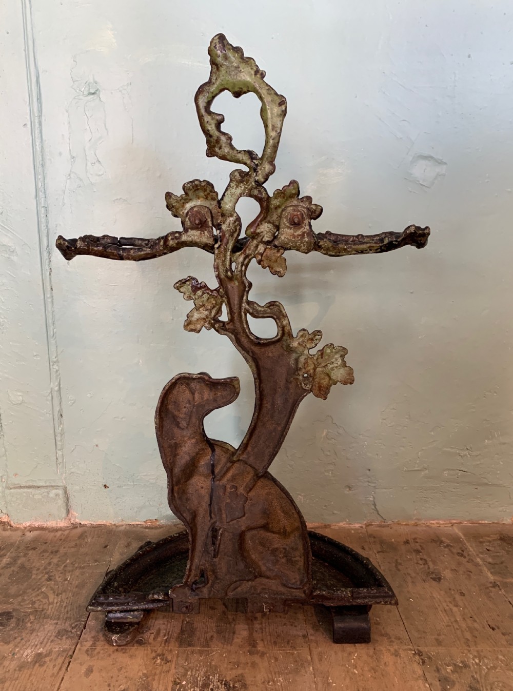 Victorian cast iron stick stand in the form of a dog seated before a tree View IV