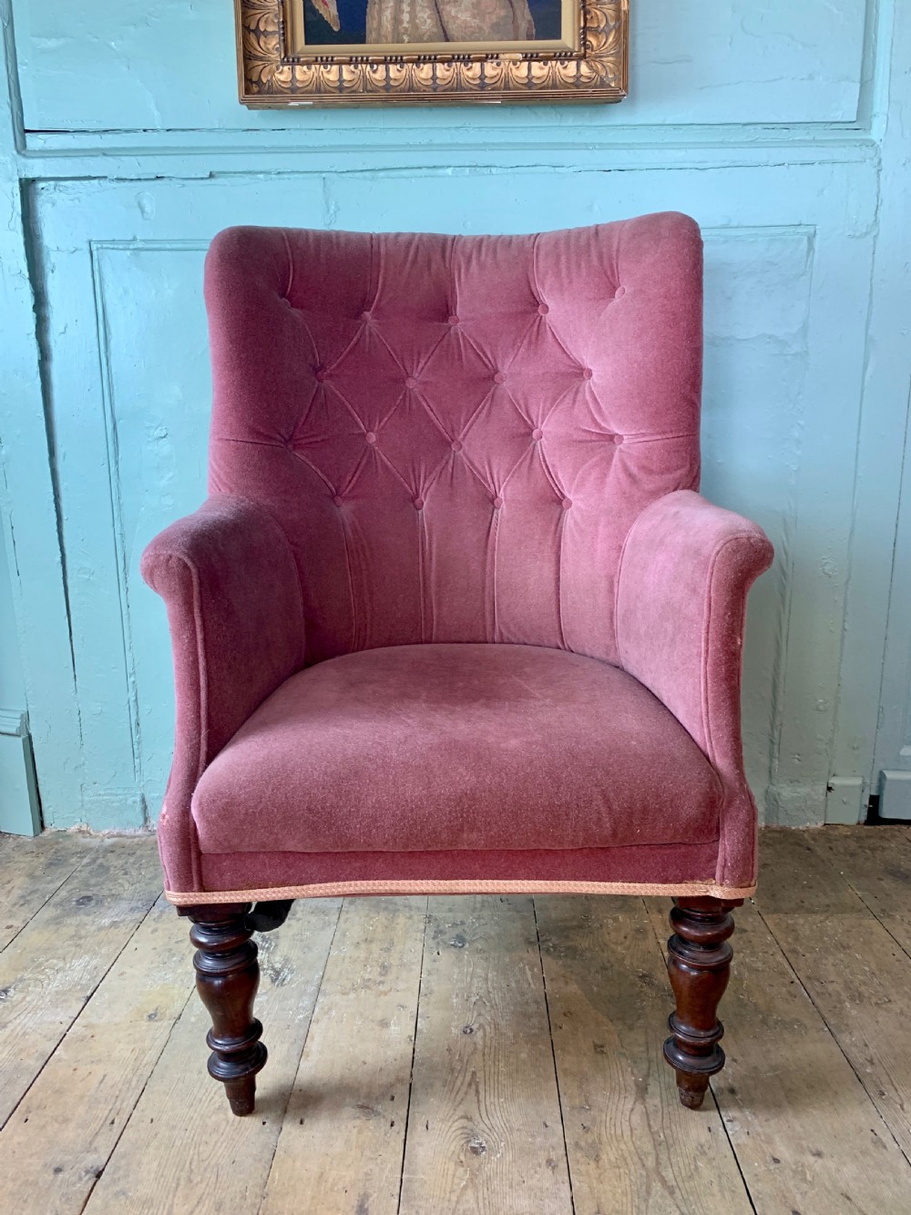 Victorian barrel back wing armchair with button upholstery View II