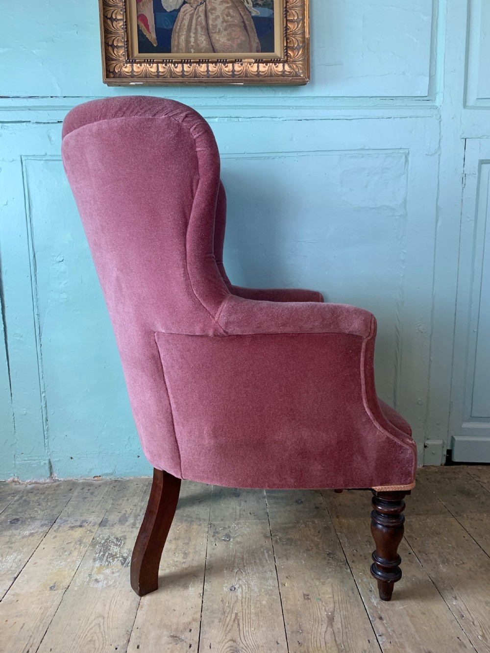 Victorian barrel back wing armchair with button upholstery View III