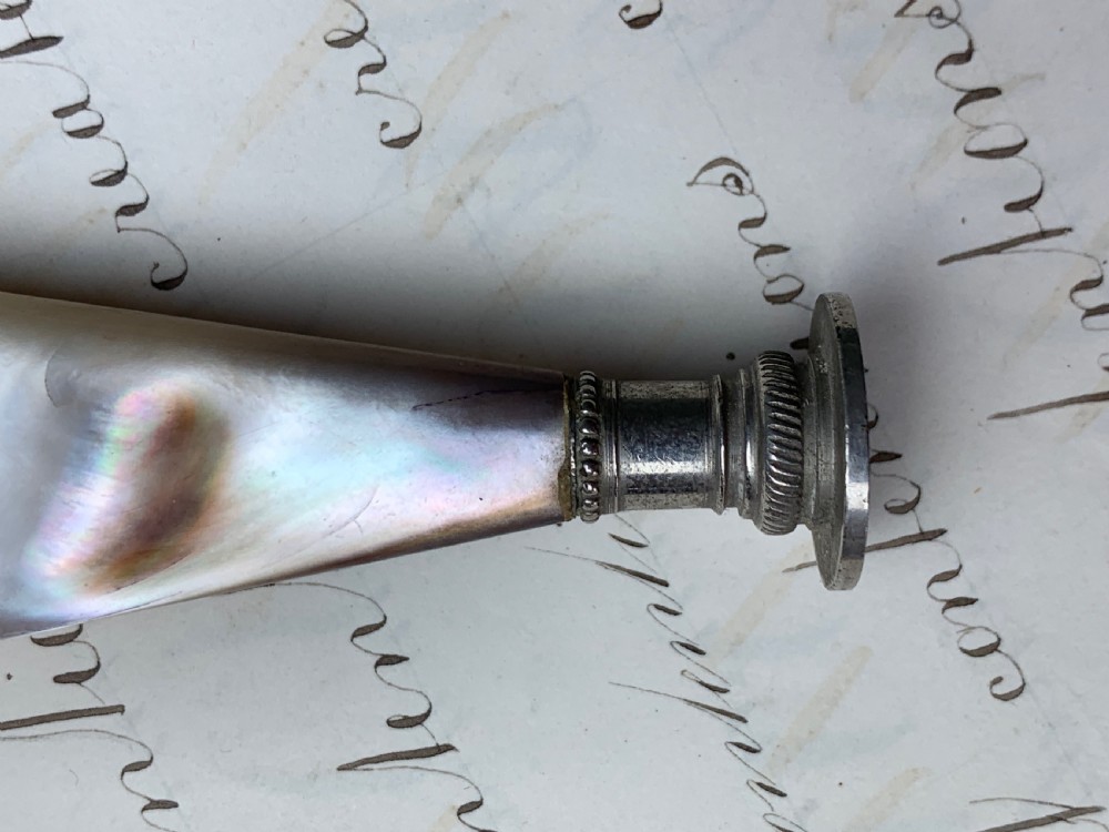 Antique Victorian pipe tamper with mother of pearl handle View III
