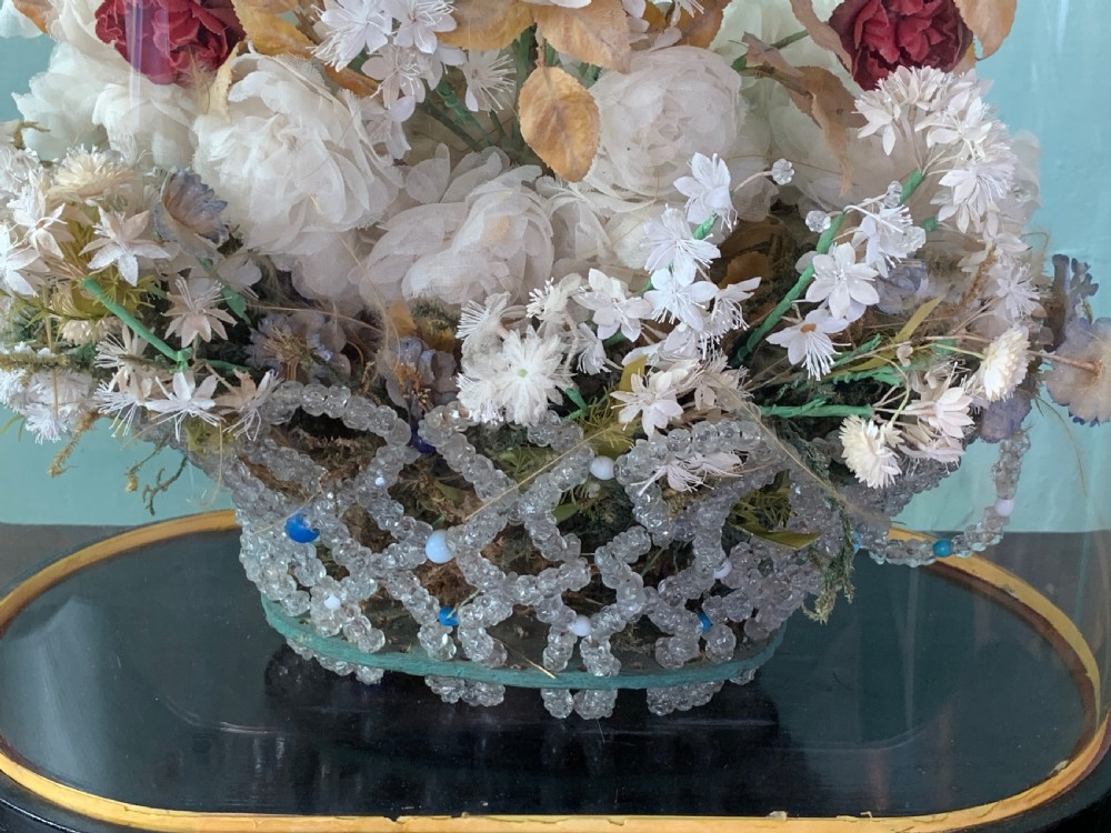 Victorian glass bead & silk flower display under glass dome View II