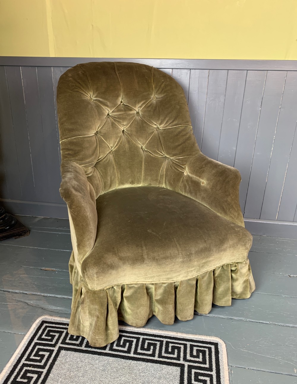 Victorian iron framed button back armchair with green velvet upholstery View II