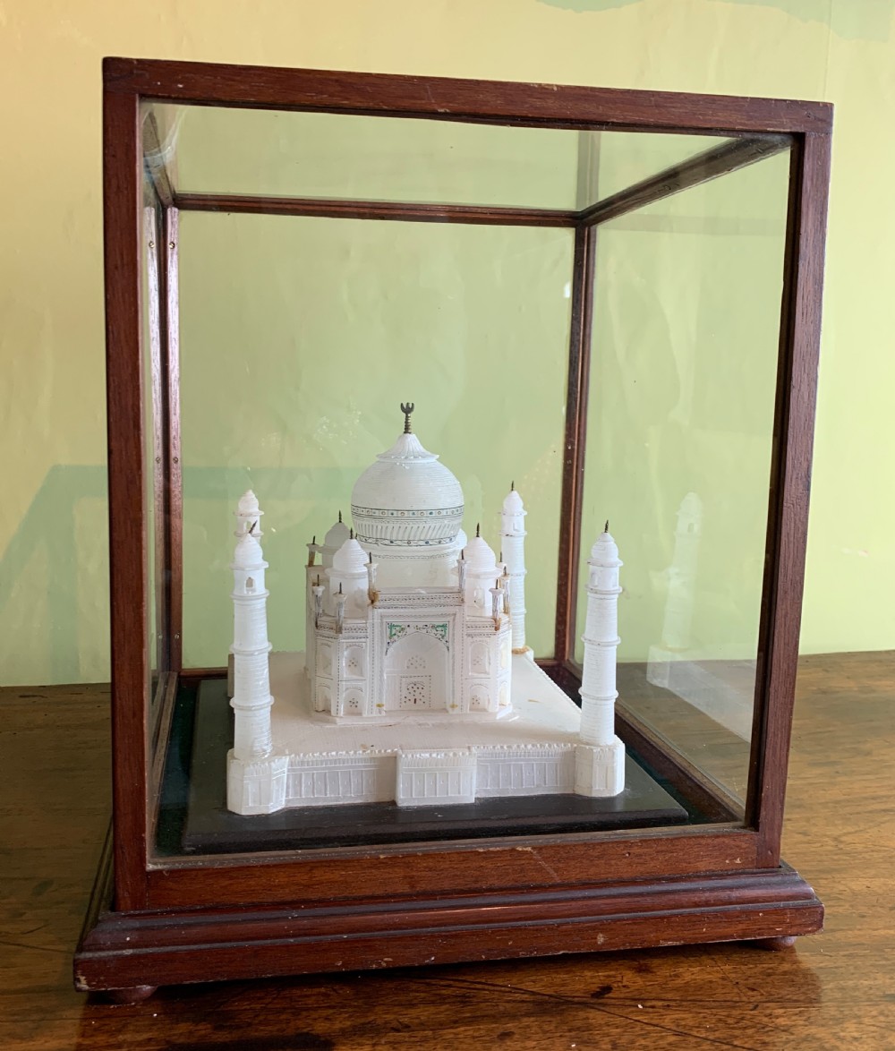 Antique carved alabaster model of The Taj Mahal within a glazed case