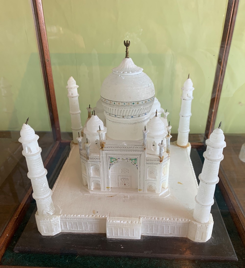 Antique carved alabaster model of The Taj Mahal within a glazed case View II