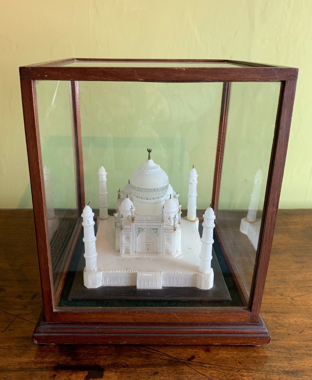 Antique carved alabaster model of The Taj Mahal within a glazed case View III