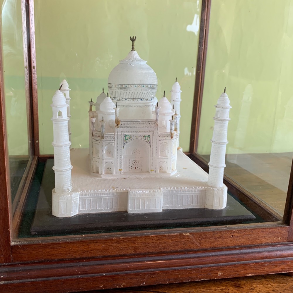 Antique carved alabaster model of The Taj Mahal within a glazed case View V