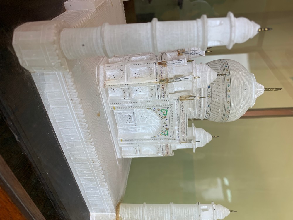 Antique carved alabaster model of The Taj Mahal within a glazed case View VI