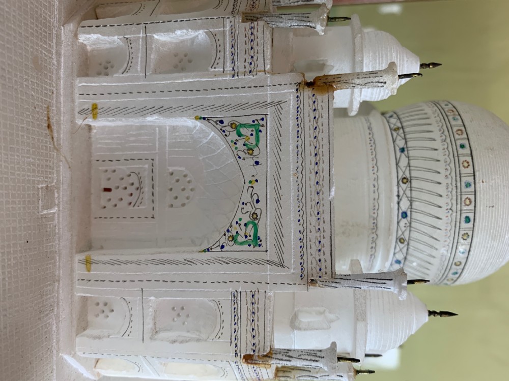 Antique carved alabaster model of The Taj Mahal within a glazed case View VII