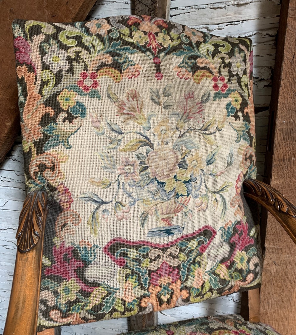 Antique armchair in Carolean style with needlework upholstery View III