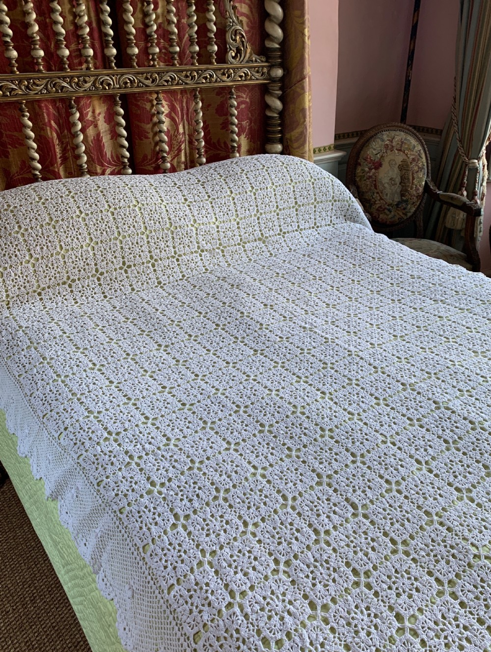 Vintage French white crochet double bed cover