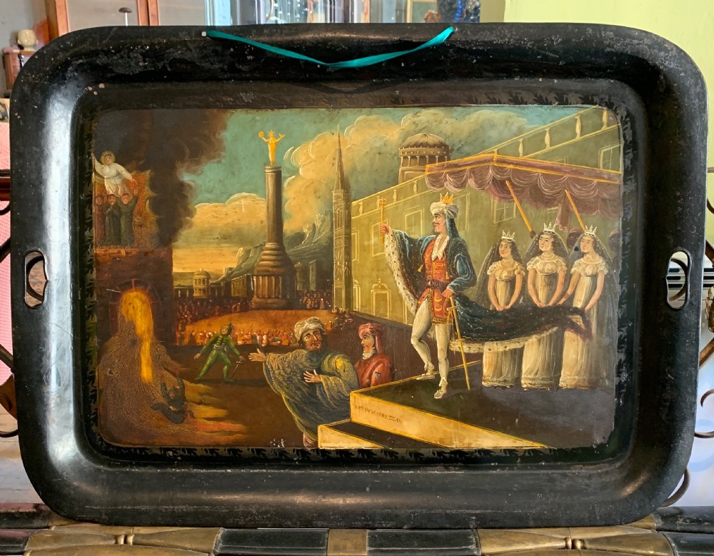 Early Victorian hand painted toleware tray with Biblical scene of Nebuchadnezzar