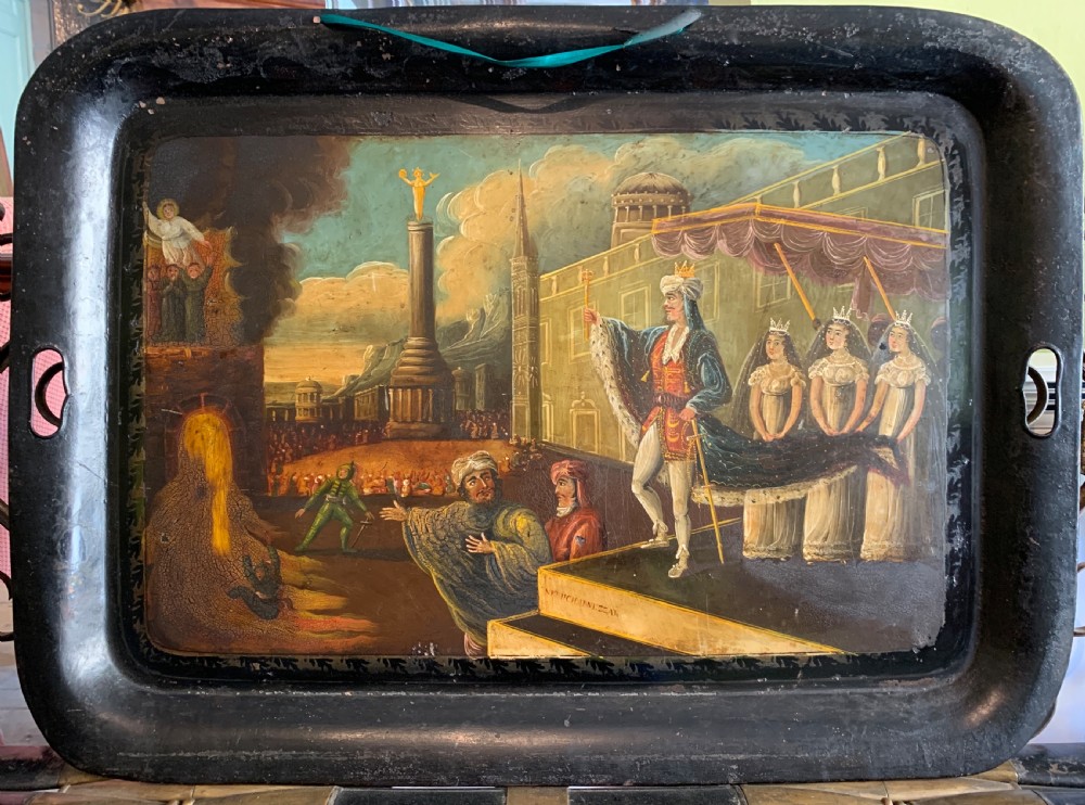 Early Victorian hand painted toleware tray with Biblical scene of Nebuchadnezzar View II