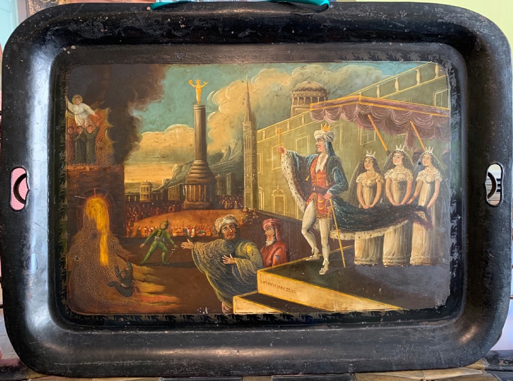 Early Victorian hand painted toleware tray with Biblical scene of Nebuchadnezzar View III