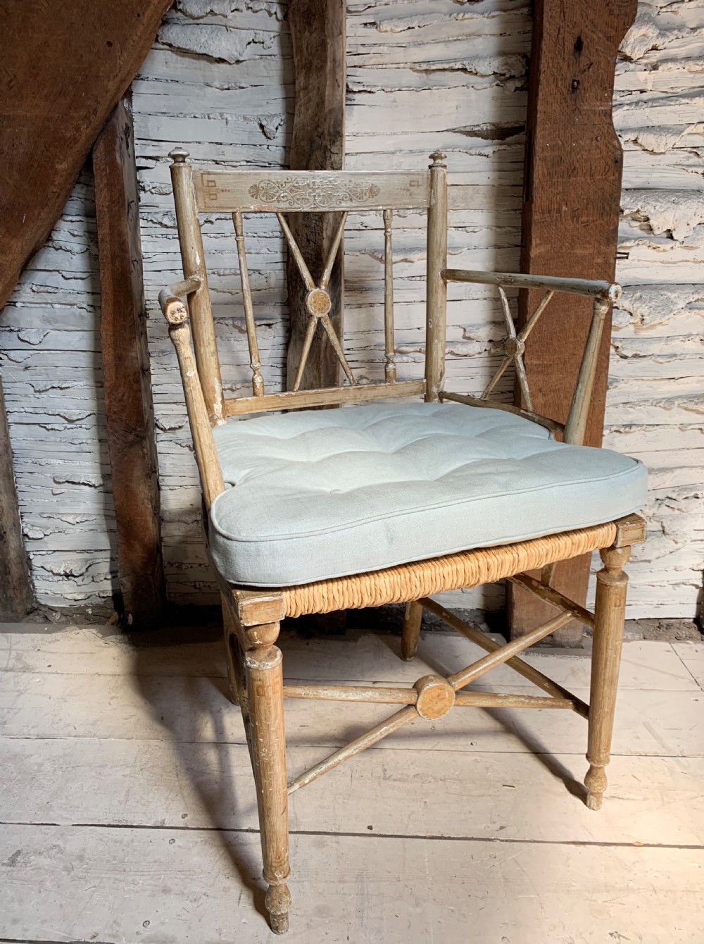 Regency painted rush seated armchair faux bamboo View II