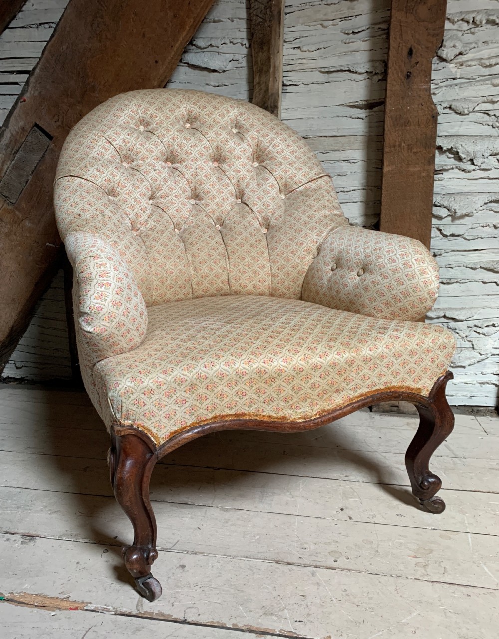 Antique Victorian button back armchair of generous proportions View III